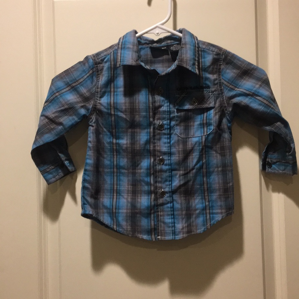 Calvin Klein boys kids Plaid Button down long sleeves shirt size 18M blue grey
